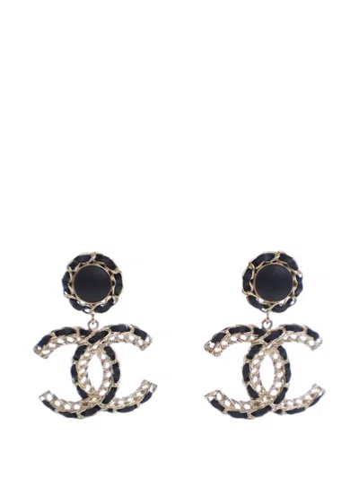 Pre-owned Chanel 2022 Cc Gold Plated Leather Woven Drop Push Back Earrings Costume Earrings In Black