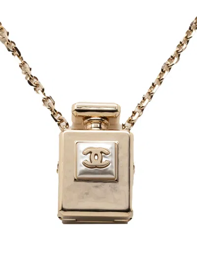 Pre-owned Chanel 2022 Cc Gold Plated Perfume Bottle Locket Pendant Necklace Costume Necklace In White