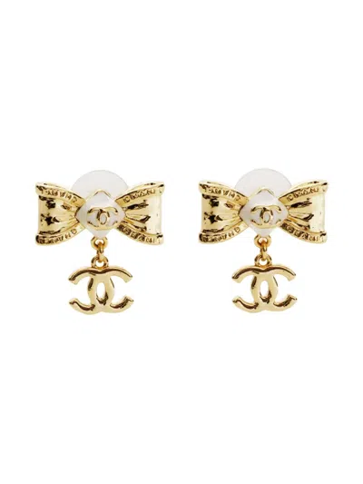 Pre-owned Chanel 2022 Cc-mark Ribbon Earrings In Gold