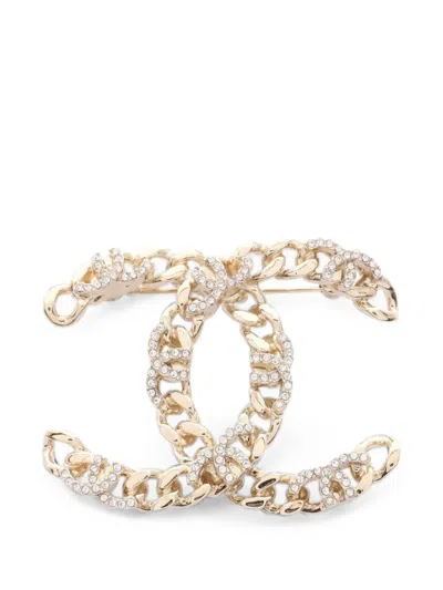 Pre-owned Chanel 2022 Cc Rhinestone-embellished Brooch In Gold