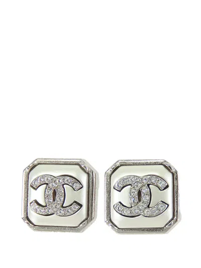 Pre-owned Chanel 2022 Cc Silver Plated Rhinestones Push Back Earrings Costume Earrings