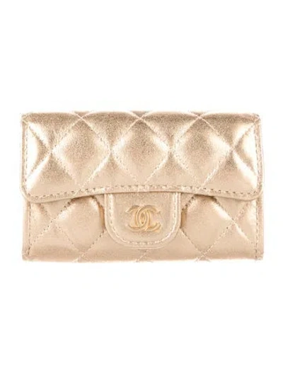 Pre-owned Chanel 2022 Flap Card Holder Compact Wallet In Gold
