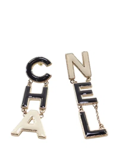 Pre-owned Chanel 2022 Gold Plated And Enamel Cha-nel Logo Drop Push Back Earrings Costume Earrings In Black
