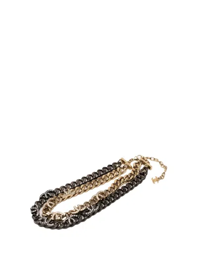 Pre-owned Chanel 2022 Gold Plated And Ruthenium Plated Cc Crystal Split Double Chain Choker Necklace Costume Necklace