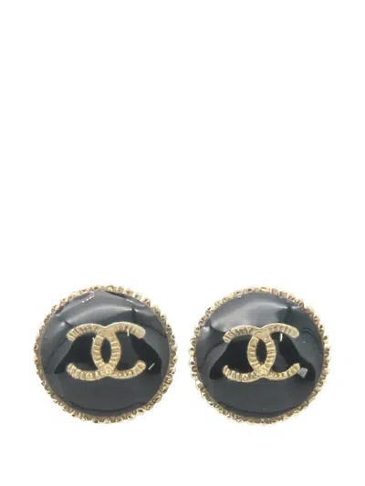 Pre-owned Chanel 2022 Gold Plated Cc Resin Round Earrings Costume Earrings In Black