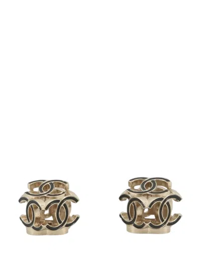 Pre-owned Chanel 2022 Gold Plated Enamel Cc Cube Bullet Back Earrings Costume Earrings In Black
