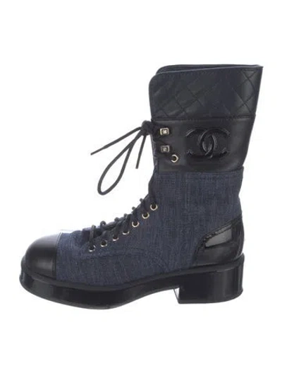 Pre-owned Chanel 2022 Interlocking Cc Logo Combat Boots In Blue