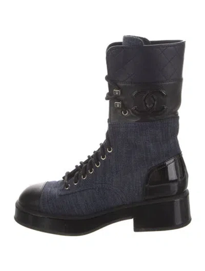 Pre-owned Chanel 2022 Interlocking Cc Logo Combat Boots In Blue