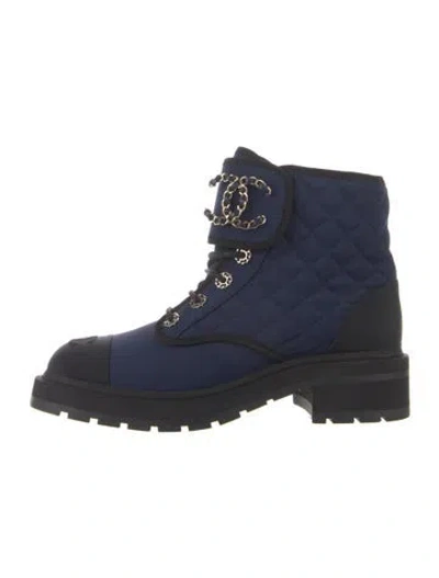 Pre-owned Chanel 2022 Interlocking Cc Logo Combat Boots W/ Tags In Black/blue