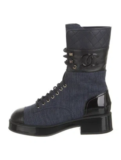 Pre-owned Chanel 2022 Interlocking Cc Logo Lace-up Boots In Blue