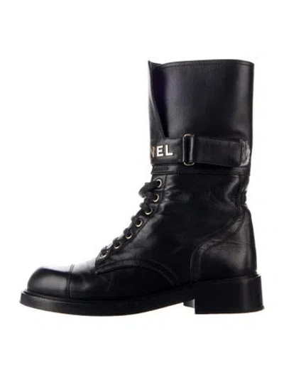 Pre-owned Chanel 2022 Interlocking Cc Logo Lace-up Boots In Blue