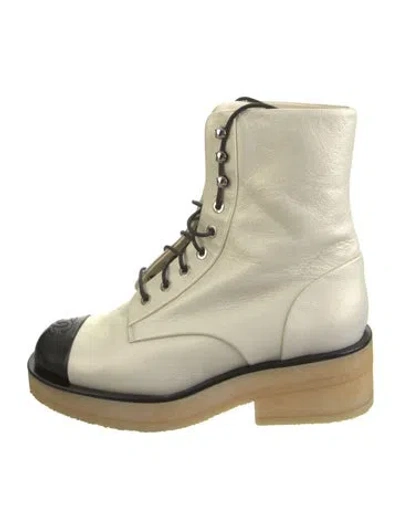 Pre-owned Chanel 2022 Interlocking Cc Logo Lace-up Boots In Neutral