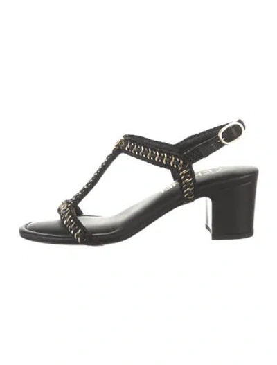 Pre-owned Chanel 2022 Interlocking Cc Logo T-strap Sandals In Black/gold