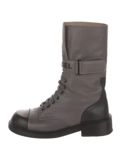 Pre-owned Chanel 2022 Leather Combat Boots In Gray