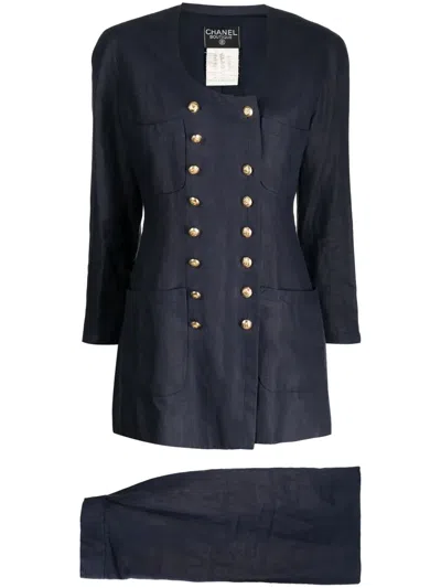 Pre-owned Chanel 2022 Linen Skirt Suit In Blue