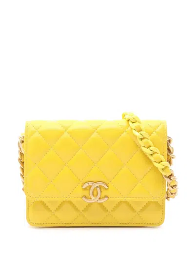 Pre-owned Chanel 2022 Mini Lambskin Candy Cc Wallet On Chain Crossbody Bag In Yellow