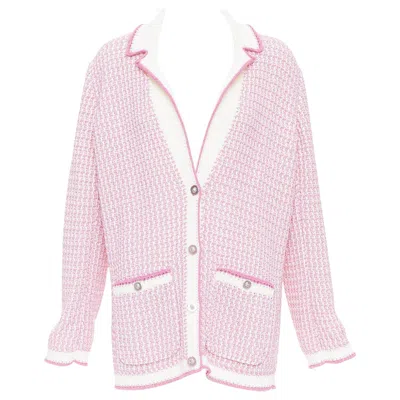 Pre-owned Chanel 2022 Pink White Tweed Metallic Buttons Long Knit Cardigan Fr42 Xl