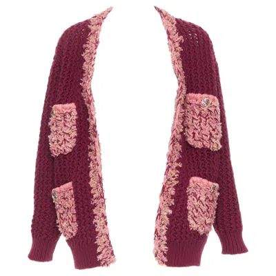 Pre-owned Chanel 2022 Runway 100% Cashmere Burgundy Pink Tweed 4 Pockets Cardigan Fr34 Xs In Red