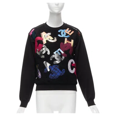 Pre-owned Chanel 2022 Runway Metallic Cc Logo Graphic Black Tweed Crew Sweater Fr34 Xs
