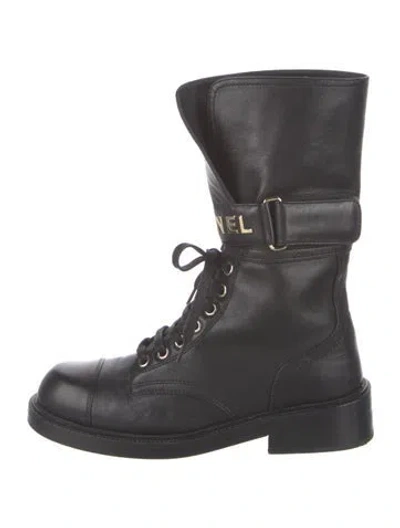 Pre-owned Chanel 2022 Signature Logo Combat Boots In Black