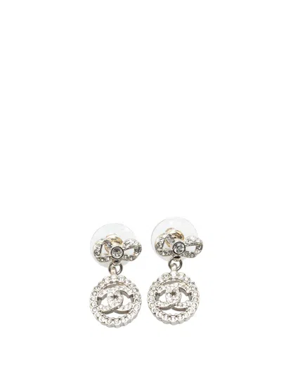 Pre-owned Chanel 2022 Silver Cc Rhinestones Push Back Earrings Costume Earrings