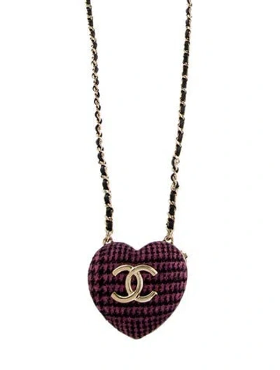 Pre-owned Chanel 2022 Tweed & Leather Cc Heart Locket Pendant Necklace, 42" In Multi