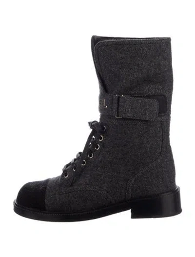 Pre-owned Chanel 2022 Tweed Pattern Lace-up Boots In Black/grey