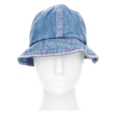 Pre-owned Chanel 2022 Washed Blue Denim Silver Cc Logo Red Topstitch Bucket Hat M