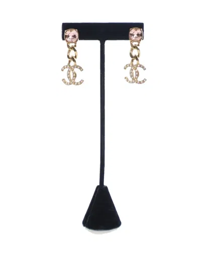 Pre-owned Chanel 2023 Cc Gold Plated Crystal Drop Push Back Earrings Costume Earrings In Pink