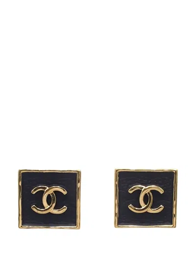 Pre-owned Chanel 2023 Cc Gold Plated Leather Square Push Back Earrings Costume Earrings In Black