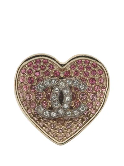 Pre-owned Chanel 2023 Cc Gold Plated Rhinestones Heart Ring Costume Ring In Pink