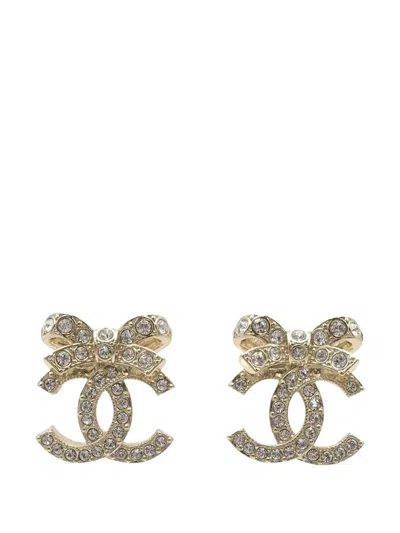 Pre-owned Chanel 2023 Cc Gold Plated Ribbon Rhinestones Push Back Earrings Costume Earrings