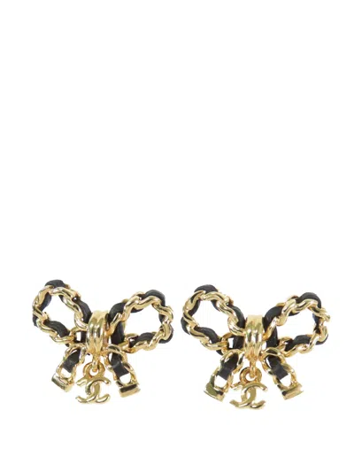 Pre-owned Chanel 2023 Cc Leather Woven Gold Plated Bow Earrings Costume Earrings In Black