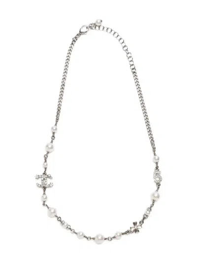 Pre-owned Chanel 2023 Cc-mark Pearl-rhinestone Necklace In Silver
