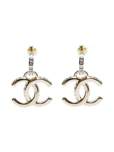 Pre-owned Chanel 2023 Cc Mark Rhinestone-embellished Earrings In Gold