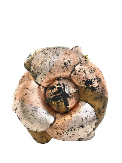 Pre-owned Chanel 2023 Cc Metallic Canvas Camellia Brooch Costume Brooch In Pink