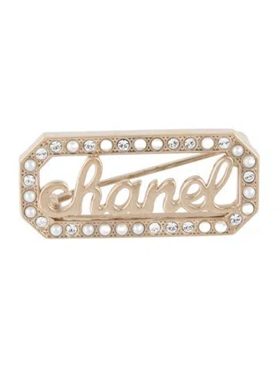 Pre-owned Chanel 2023 Faux Peal & Strass Framed Script Brooch In Multicolor
