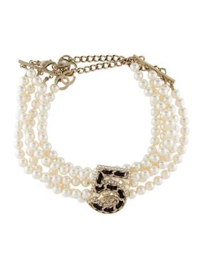 Pre-owned Chanel 2023 Faux Pearl, Leather & Strass Choker Necklace, 15" In Black