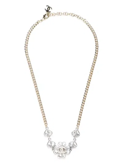Pre-owned Chanel 2023 Floral Pendant Rhinestone Necklace In Gold