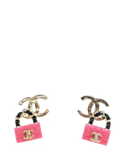 Pre-owned Chanel 2023 Gold Plated Calfskin Resin Cc Handbag Push Back Earrings Costume Earrings