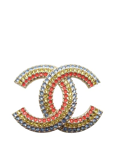 Pre-owned Chanel 2023 Gold Plated Cc Multicolore Strass Brooch Costume Brooch