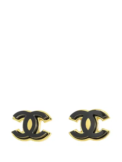Pre-owned Chanel 2023 Gold Plated Enamel Cc Push Back Earrings Costume Earrings In Black