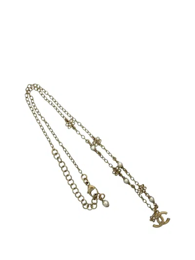 Pre-owned Chanel 2023 Gold Plated Faux Pearl Cc Pendant Flower Station Necklace Costume Necklace