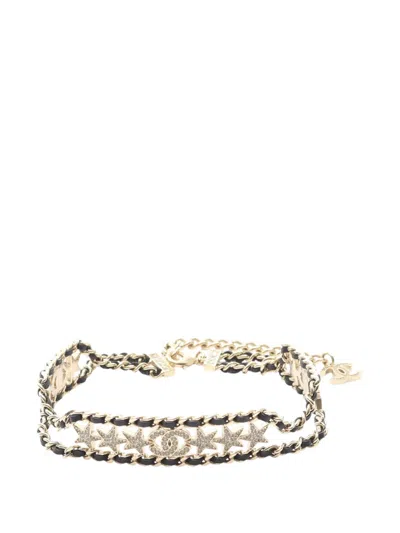 Pre-owned Chanel 2023 Gold Plated Leather Woven Cc Rhinestone Star Choker Necklace Costume Necklace In Black