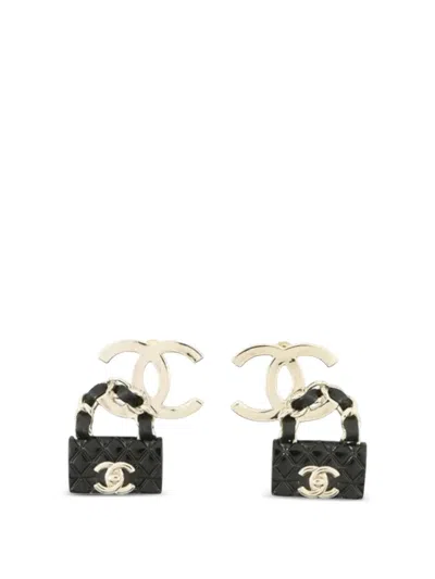 Pre-owned Chanel 2023 Gold Plated Resin Quilted Cc Flap Bag Drop Earrings Costume Earrings