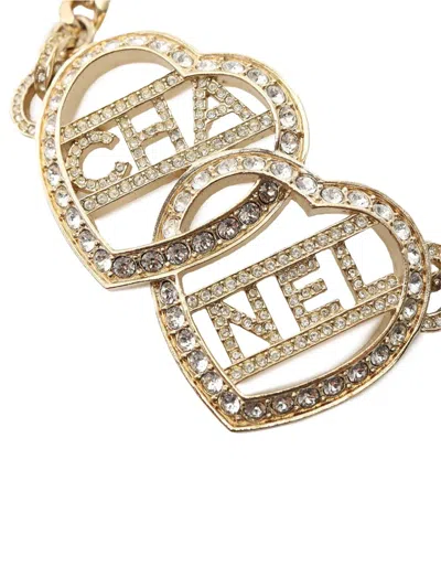 Pre-owned Chanel 2023 Gold Plated Rhinestones Heart Logo Choker Necklace Costume Necklace