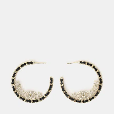 Pre-owned Chanel 2023 Gold-tone/black Leather Braided Crystal Star Cc Hoop Earrings