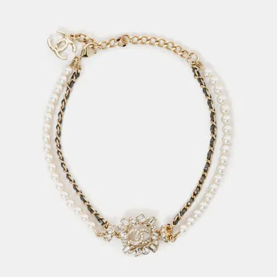 Pre-owned Chanel 2023 Gold Toned Faux Pearl Double Chain Cc Crystal Choker