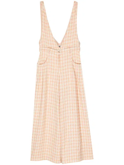 Pre-owned Chanel 2023 Houndstooth-print Tweed Jumpsuit In Orange