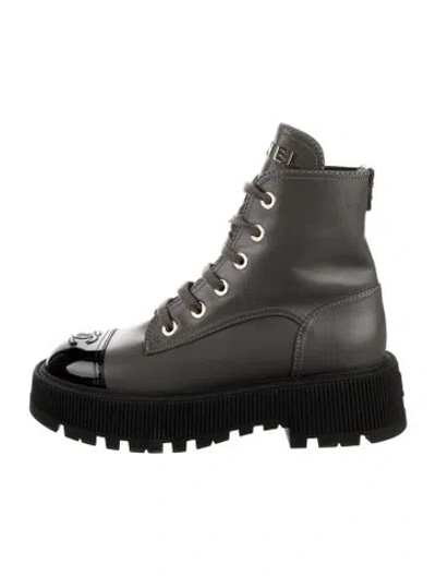 Pre-owned Chanel 2023 Interlocking Cc Logo Combat Boots In Gray